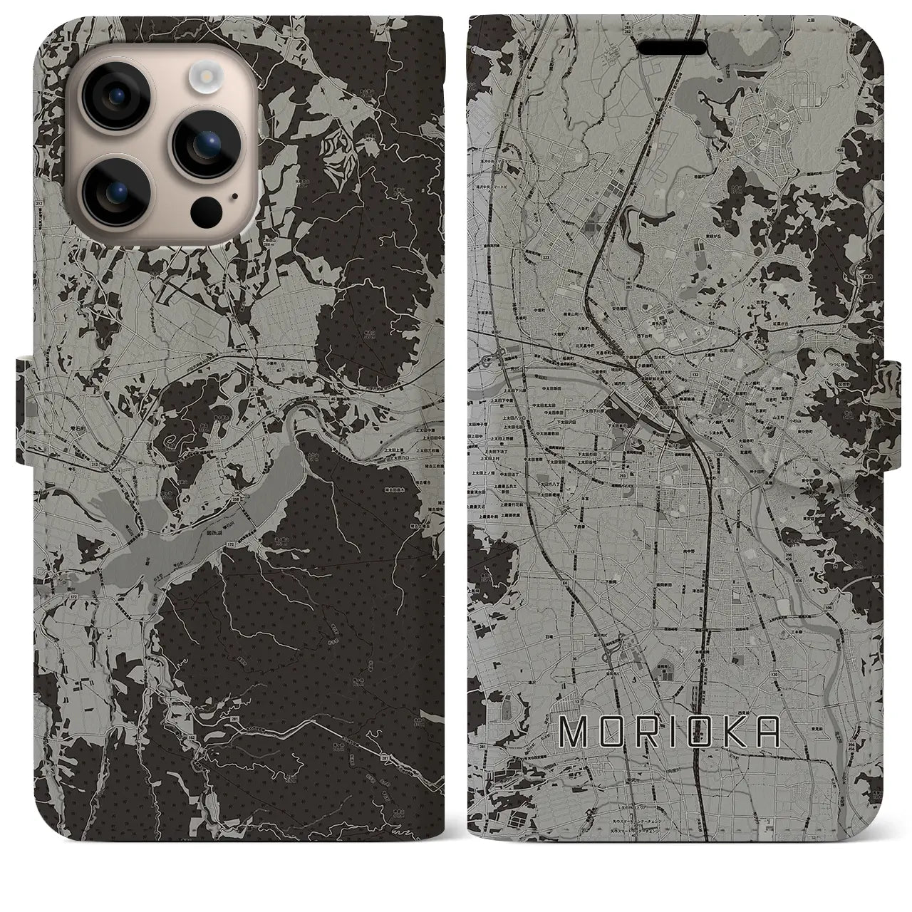 【盛岡(岩手県)】地図柄iPhoneケース(手帳タイプ)モノトーン・iPhone 16 Plus 用