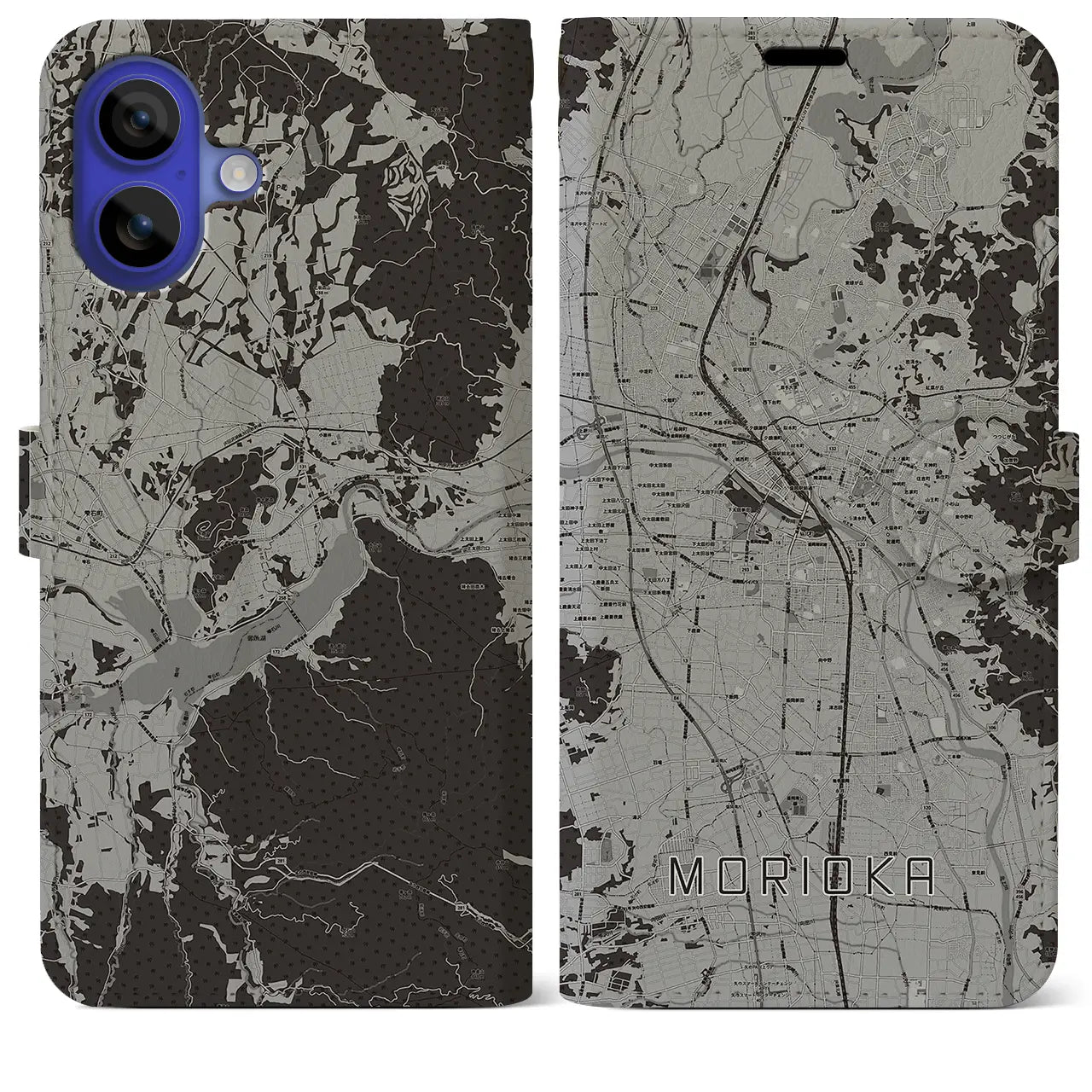 【盛岡(岩手県)】地図柄iPhoneケース(手帳タイプ)モノトーン・iPhone 16 Pro Max 用