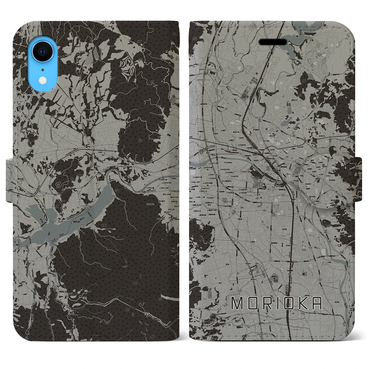 【盛岡(岩手県)】地図柄iPhoneケース(手帳タイプ)モノトーン・iPhone XR 用
