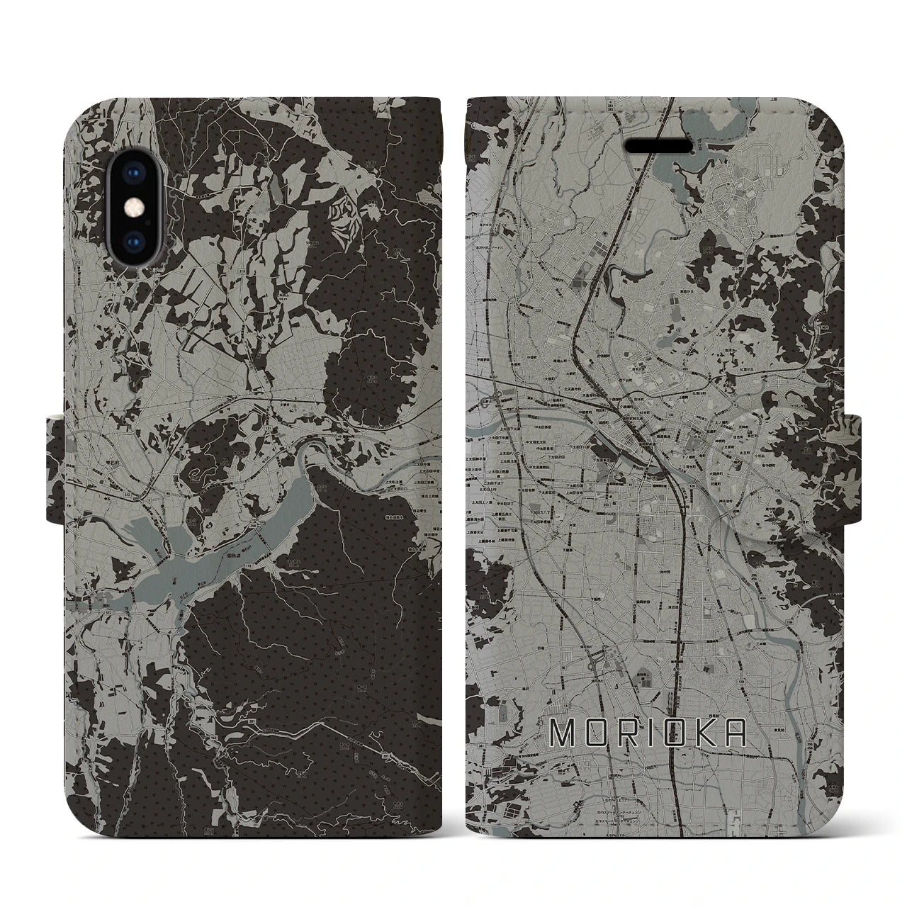 【盛岡(岩手県)】地図柄iPhoneケース(手帳タイプ)モノトーン・iPhone XS / X 用