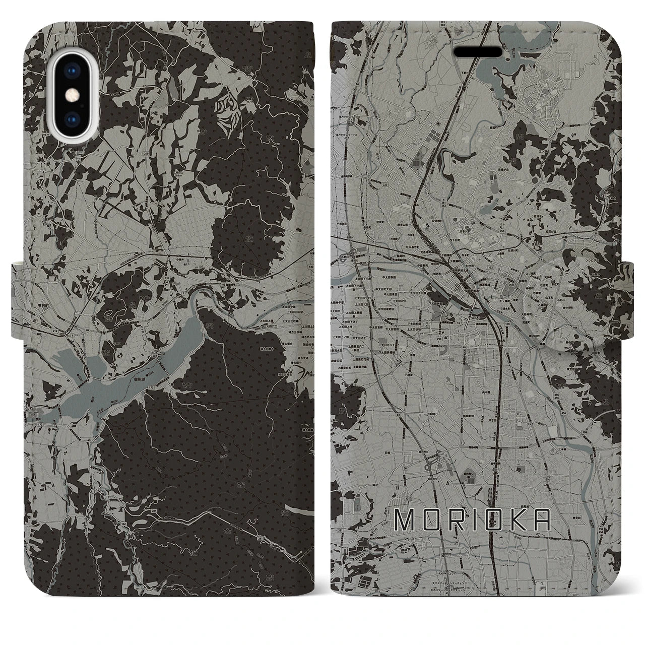【盛岡(岩手県)】地図柄iPhoneケース(手帳タイプ)モノトーン・iPhone XS Max 用