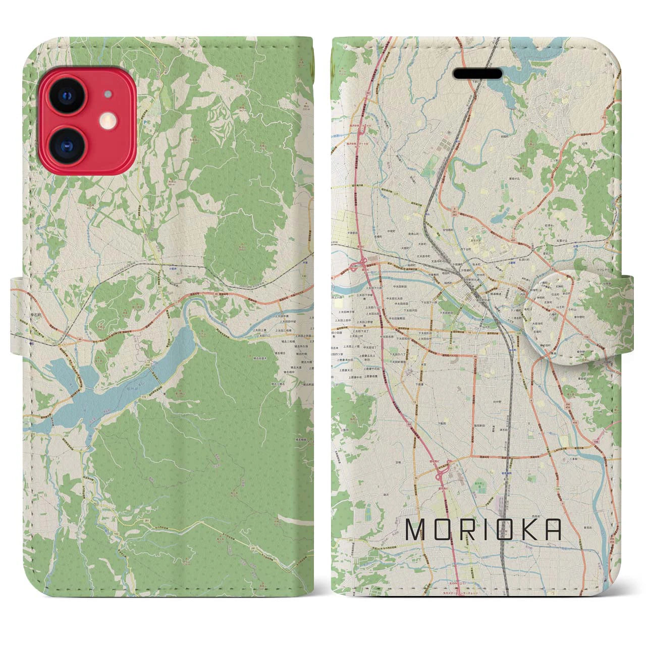 【盛岡(岩手県)】地図柄iPhoneケース(手帳タイプ)ナチュラル・iPhone 11 用