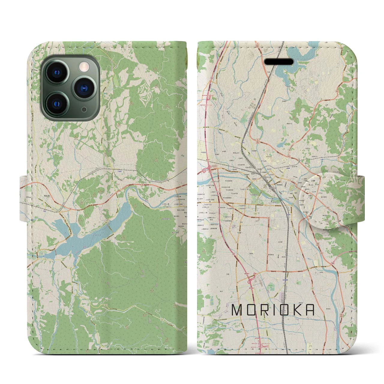 【盛岡(岩手県)】地図柄iPhoneケース(手帳タイプ)ナチュラル・iPhone 11 Pro 用