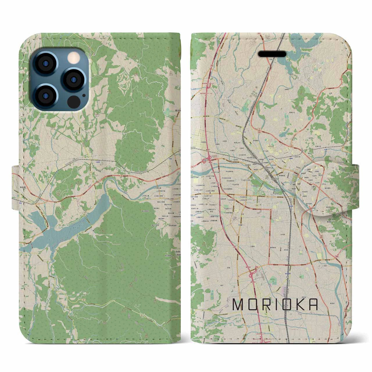 【盛岡(岩手県)】地図柄iPhoneケース(手帳タイプ)ナチュラル・iPhone 12 / 12 Pro 用