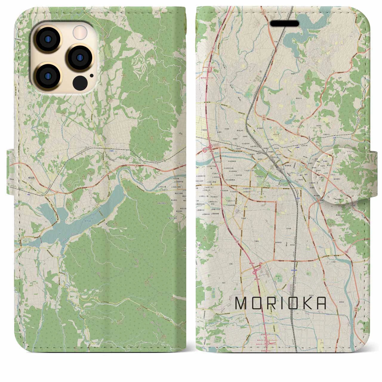 【盛岡(岩手県)】地図柄iPhoneケース(手帳タイプ)ナチュラル・iPhone 12 Pro Max 用