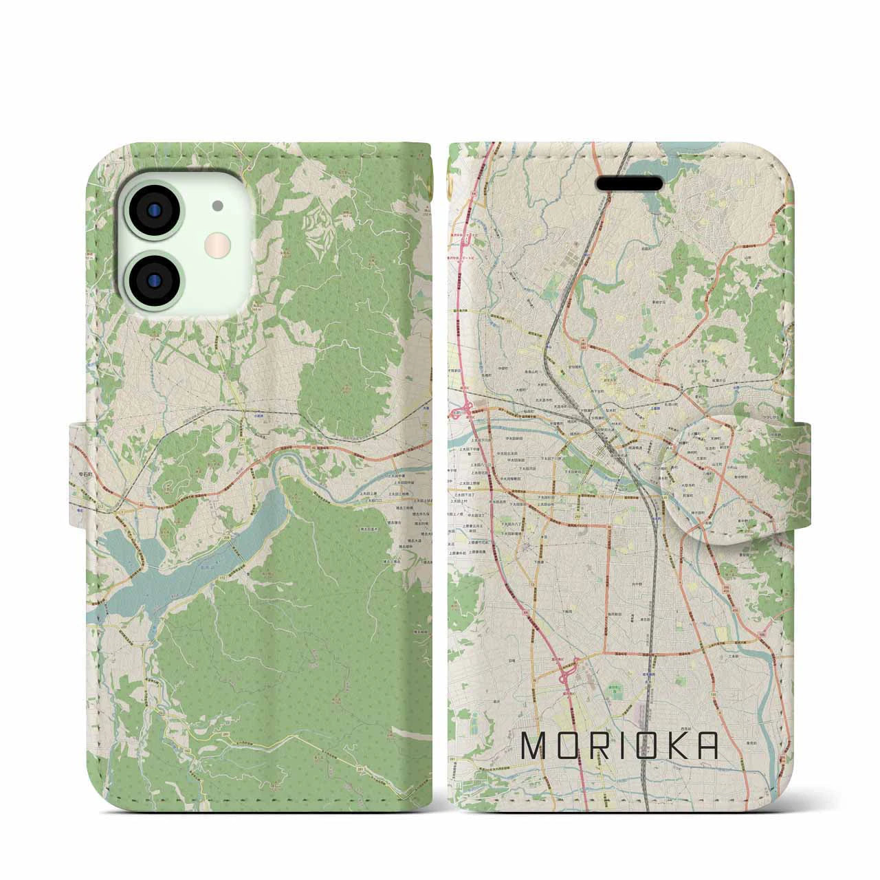 【盛岡(岩手県)】地図柄iPhoneケース(手帳タイプ)ナチュラル・iPhone 12 mini 用