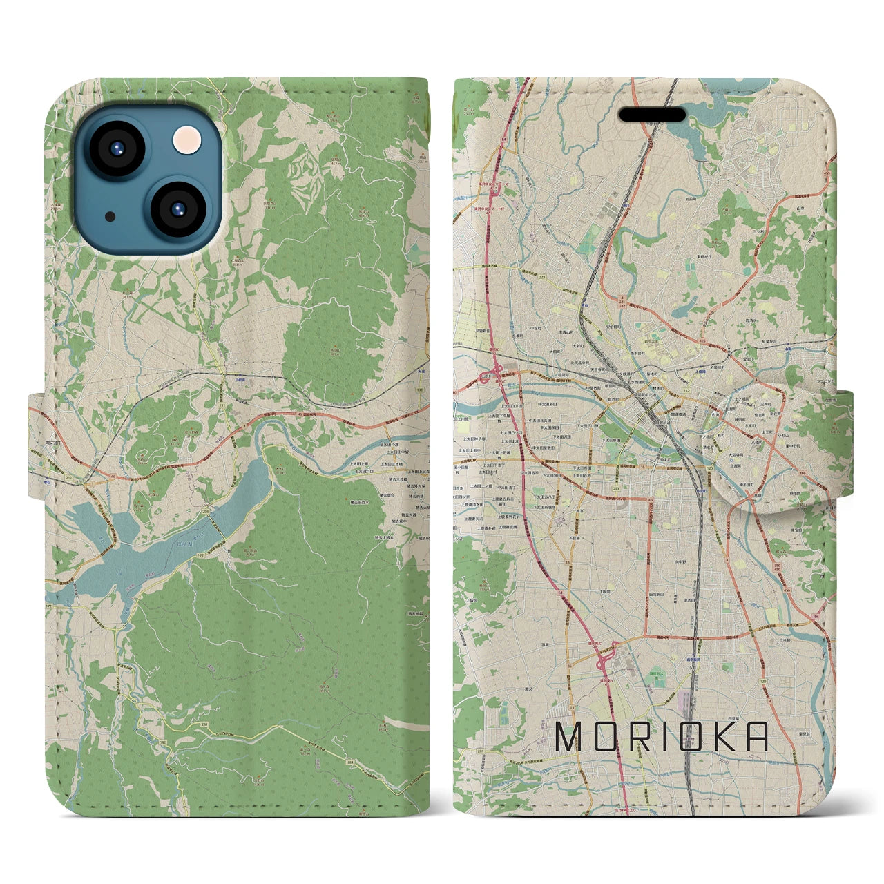 【盛岡(岩手県)】地図柄iPhoneケース(手帳タイプ)ナチュラル・iPhone 13 用