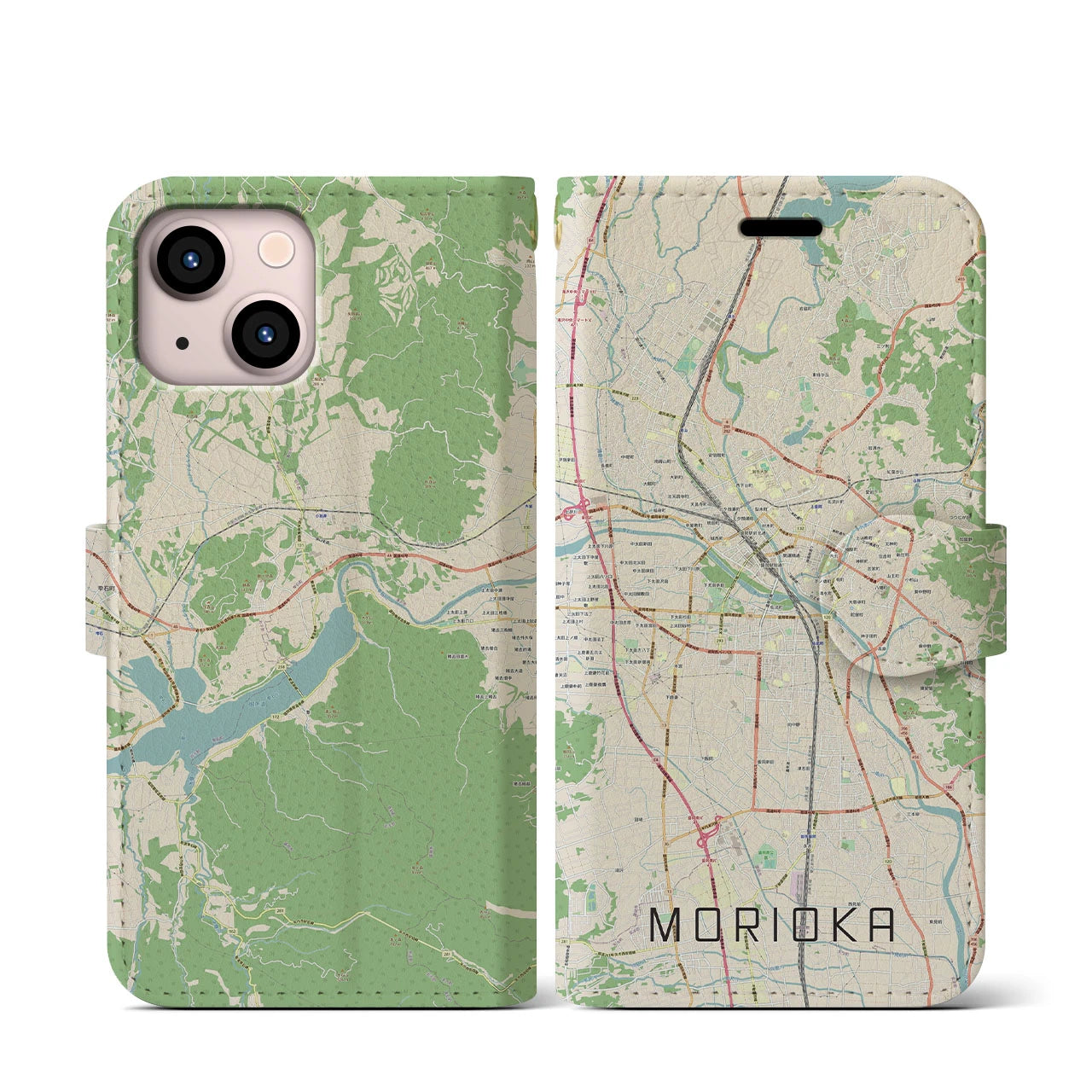 【盛岡(岩手県)】地図柄iPhoneケース(手帳タイプ)ナチュラル・iPhone 13 mini 用