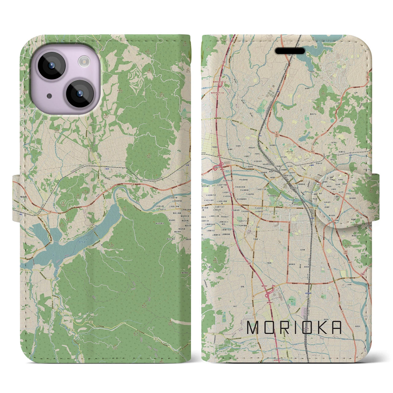 【盛岡(岩手県)】地図柄iPhoneケース(手帳タイプ)ナチュラル・iPhone 14 用