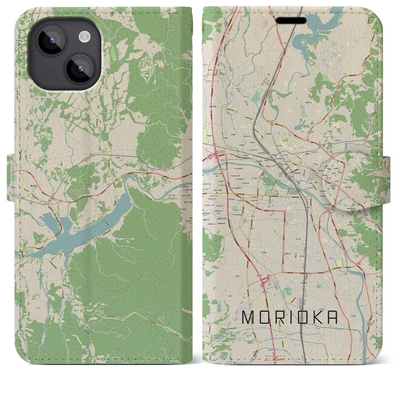 【盛岡(岩手県)】地図柄iPhoneケース(手帳タイプ)ナチュラル・iPhone 14 Plus 用