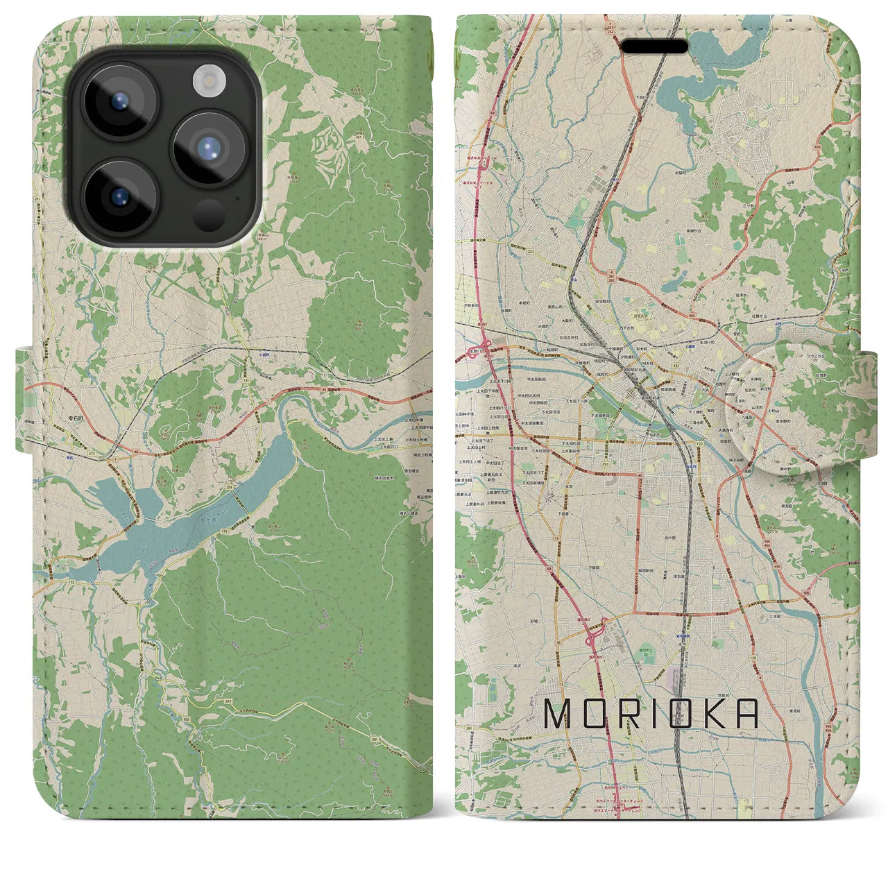 【盛岡(岩手県)】地図柄iPhoneケース(手帳タイプ)ナチュラル・iPhone 15 Pro Max 用
