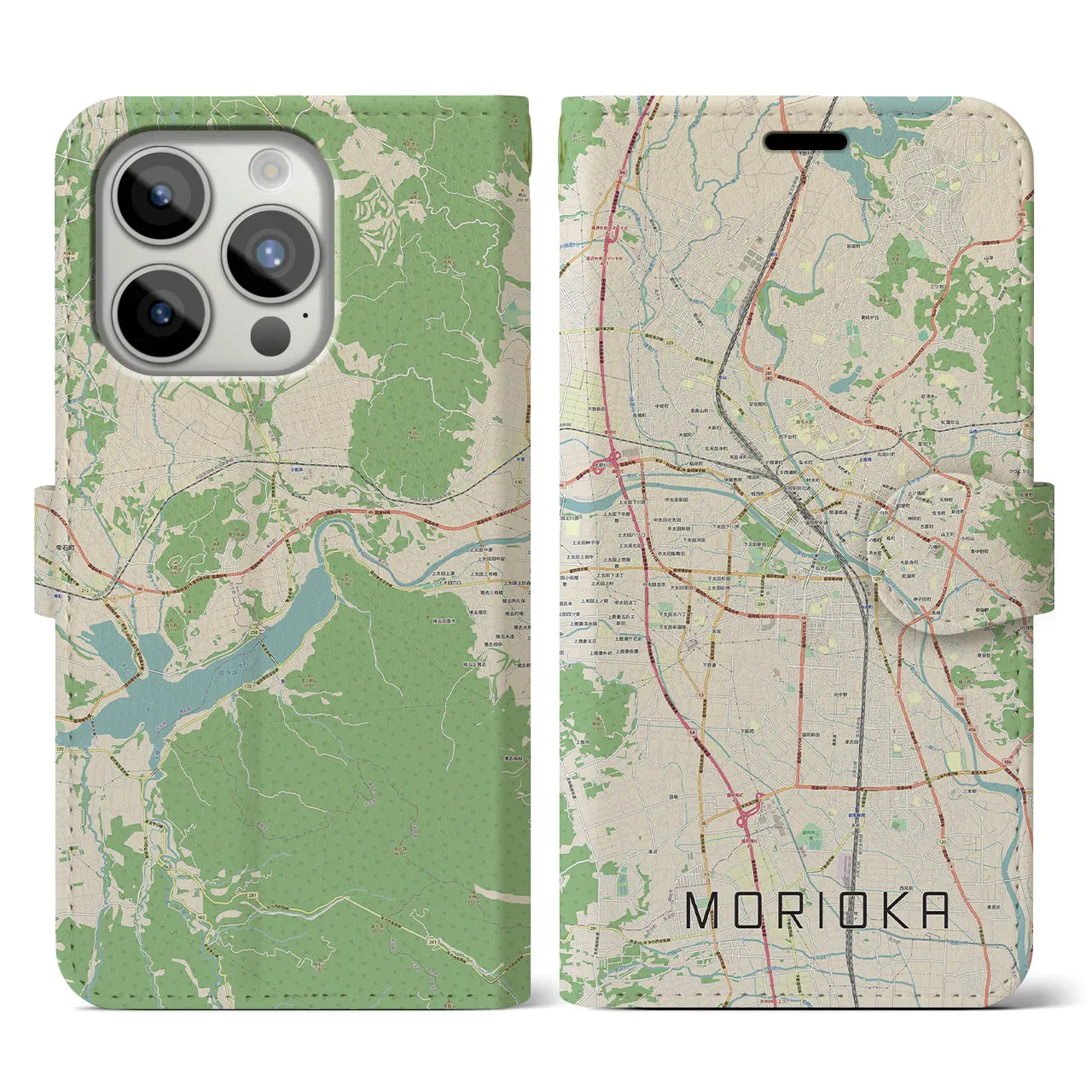 【盛岡(岩手県)】地図柄iPhoneケース(手帳タイプ)ナチュラル・iPhone 15 Pro 用