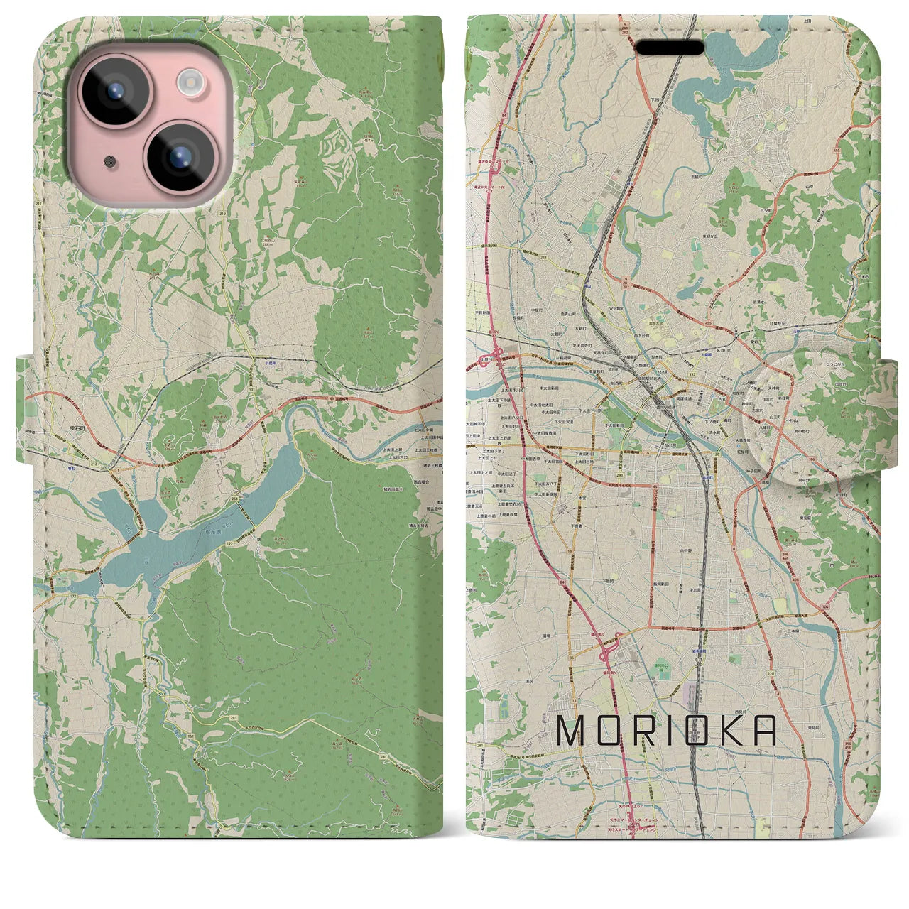 【盛岡(岩手県)】地図柄iPhoneケース(手帳タイプ)ナチュラル・iPhone 15 Plus 用