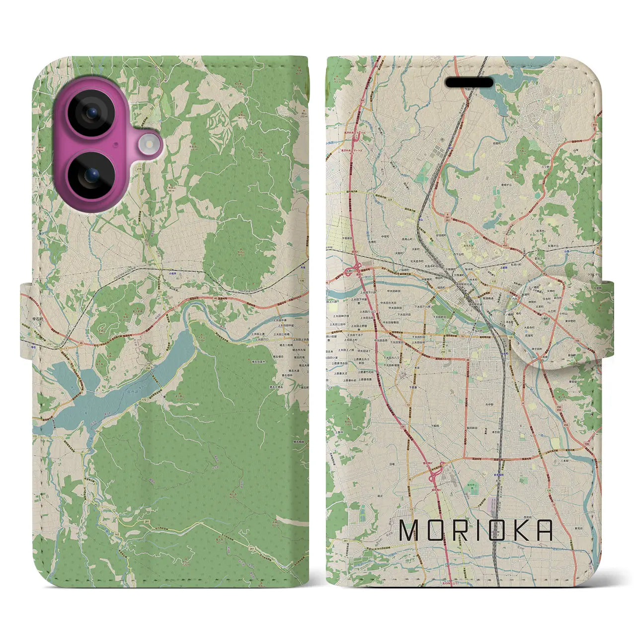 【盛岡(岩手県)】地図柄iPhoneケース(手帳タイプ)ナチュラル・iPhone 16 Pro 用