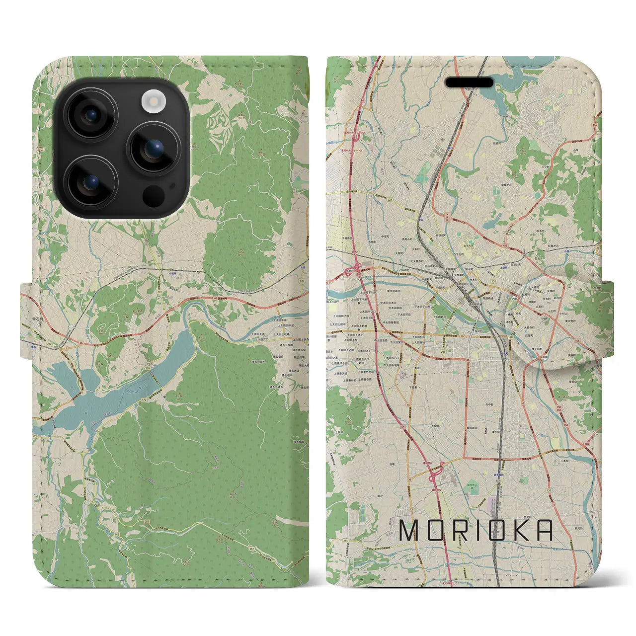 【盛岡(岩手県)】地図柄iPhoneケース(手帳タイプ)ナチュラル・iPhone 16 用