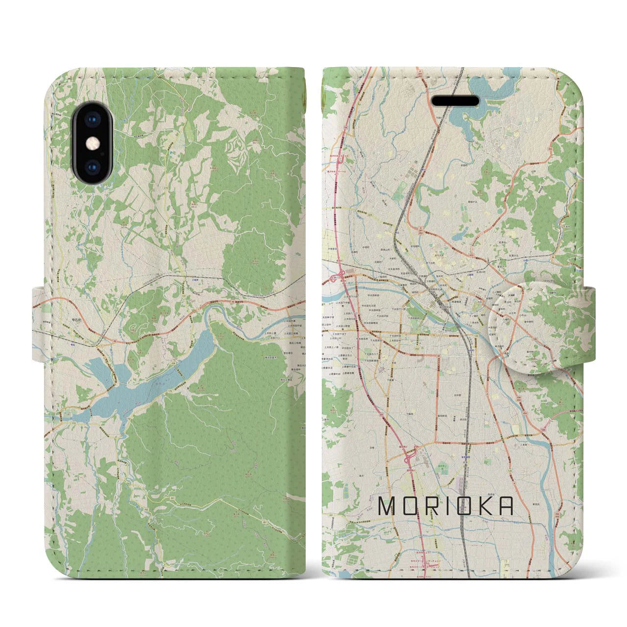 【盛岡(岩手県)】地図柄iPhoneケース(手帳タイプ)ナチュラル・iPhone XS / X 用