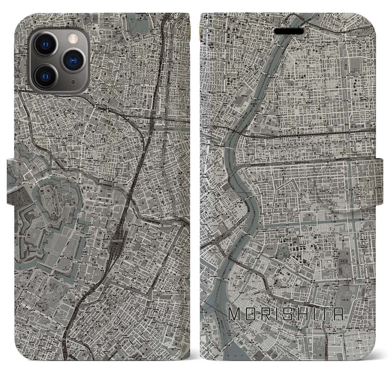 【森下(東京都)】地図柄iPhoneケース(手帳タイプ)モノトーン・iPhone 11 Pro Max 用