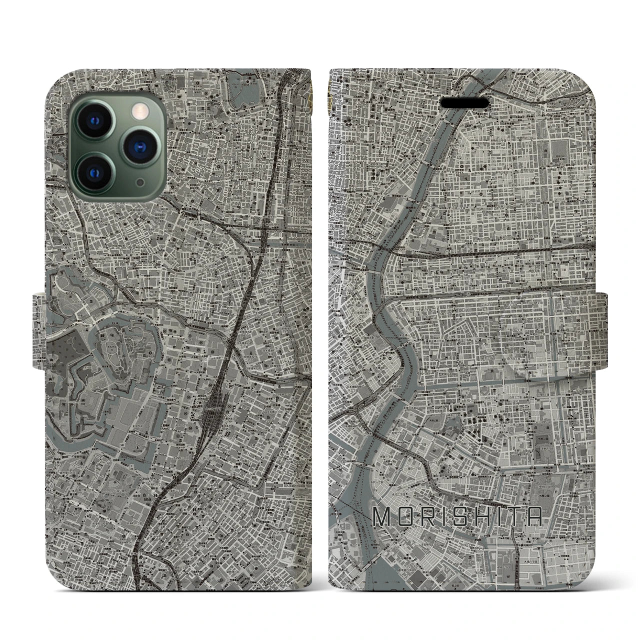 【森下(東京都)】地図柄iPhoneケース(手帳タイプ)モノトーン・iPhone 11 Pro 用