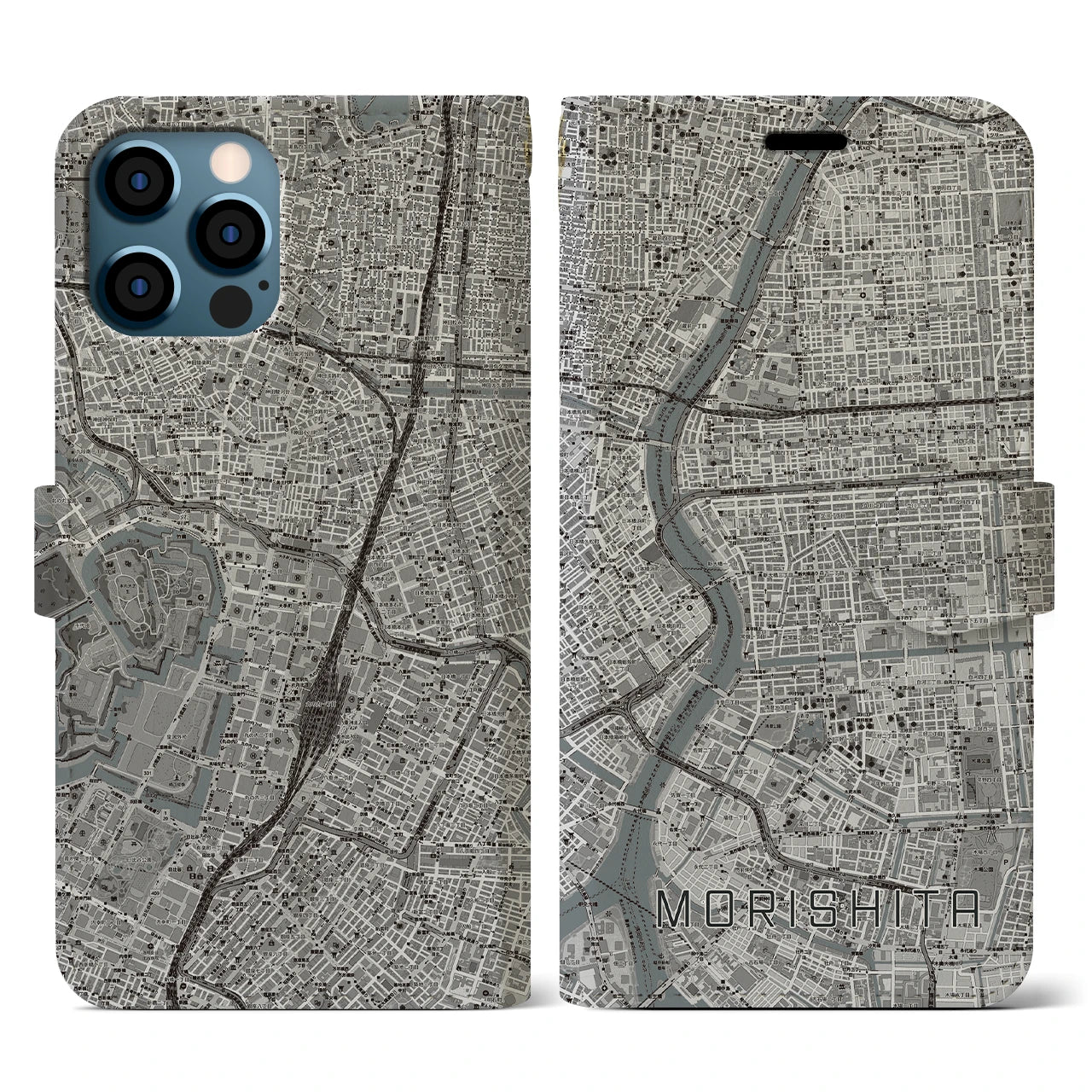 【森下(東京都)】地図柄iPhoneケース(手帳タイプ)モノトーン・iPhone 12 / 12 Pro 用