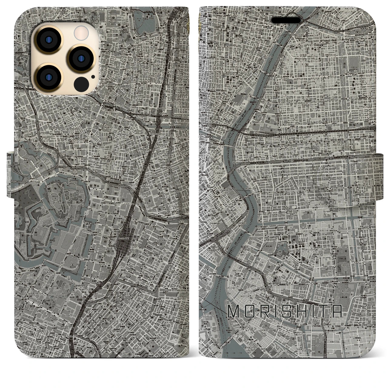 【森下(東京都)】地図柄iPhoneケース(手帳タイプ)モノトーン・iPhone 12 Pro Max 用