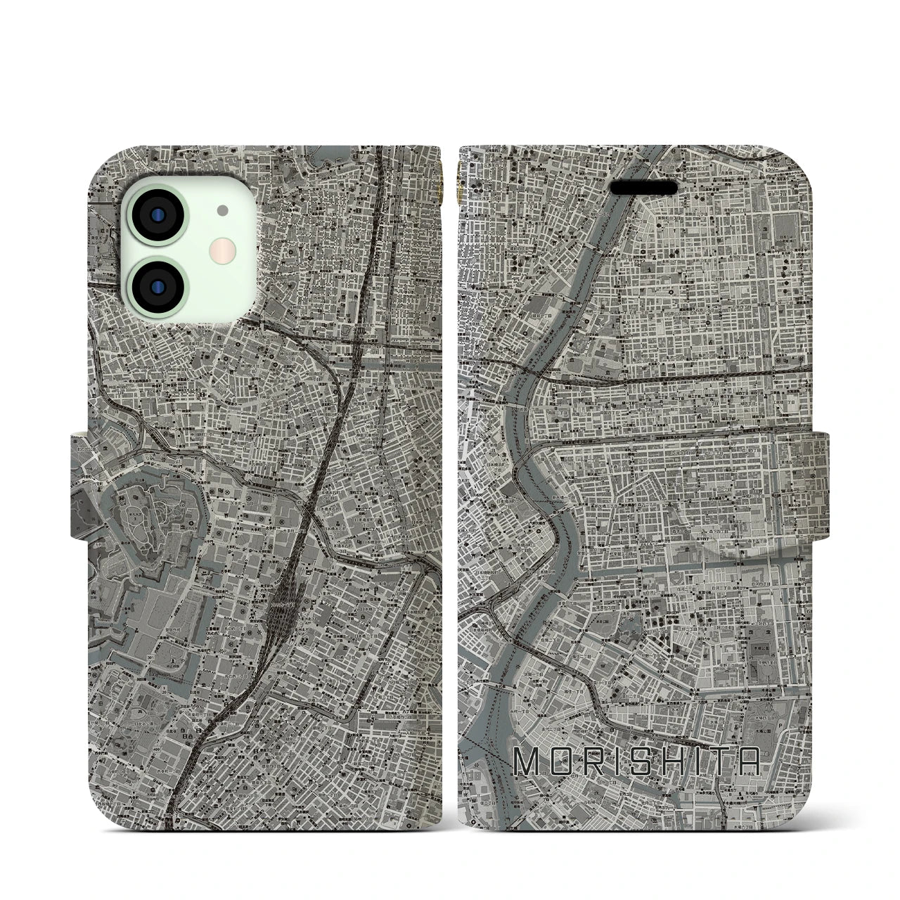 【森下(東京都)】地図柄iPhoneケース(手帳タイプ)モノトーン・iPhone 12 mini 用