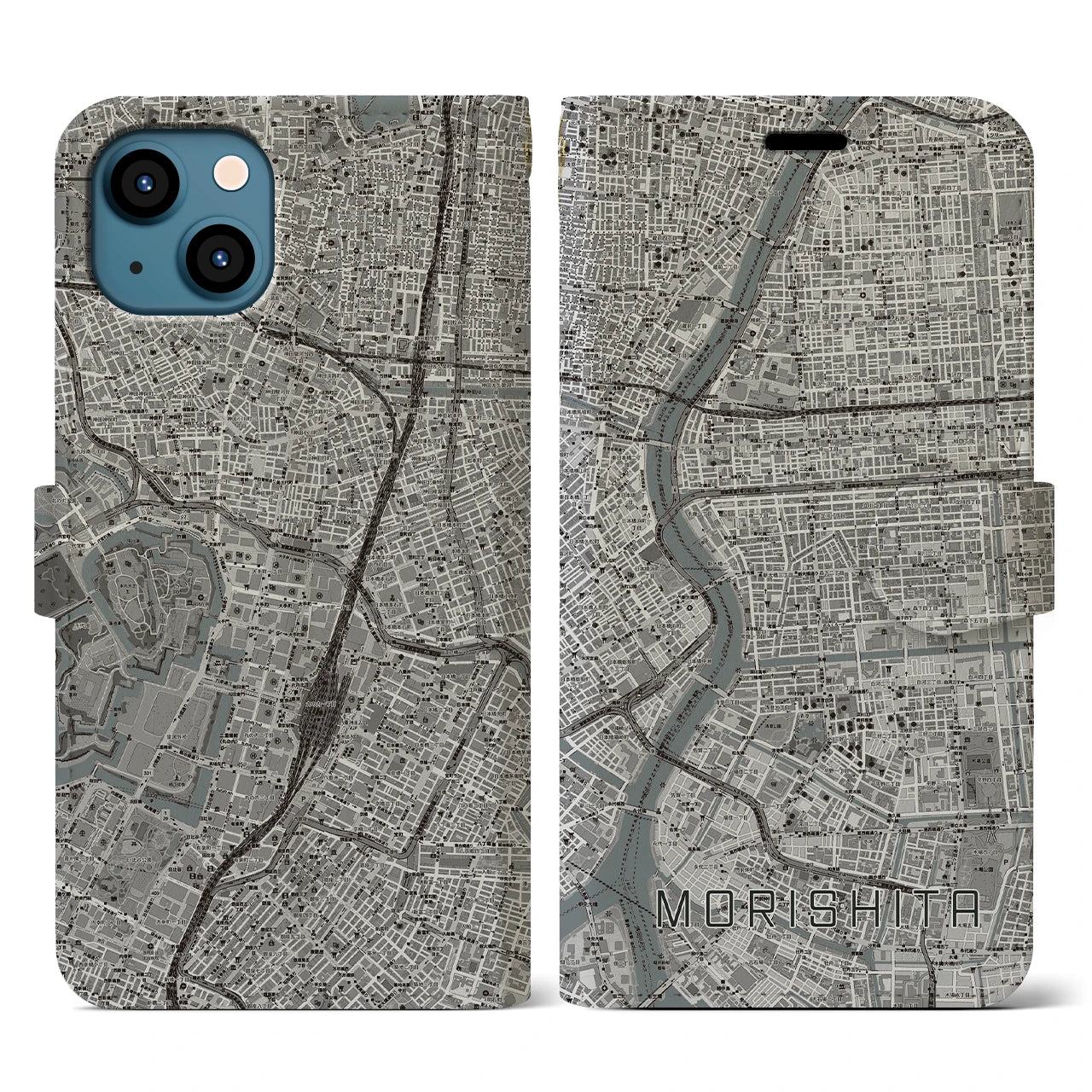 【森下(東京都)】地図柄iPhoneケース(手帳タイプ)モノトーン・iPhone 13 用