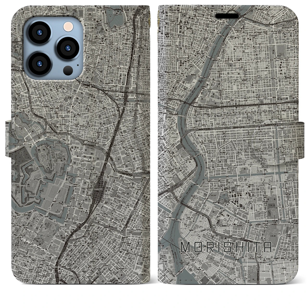 【森下(東京都)】地図柄iPhoneケース(手帳タイプ)モノトーン・iPhone 13 Pro Max 用