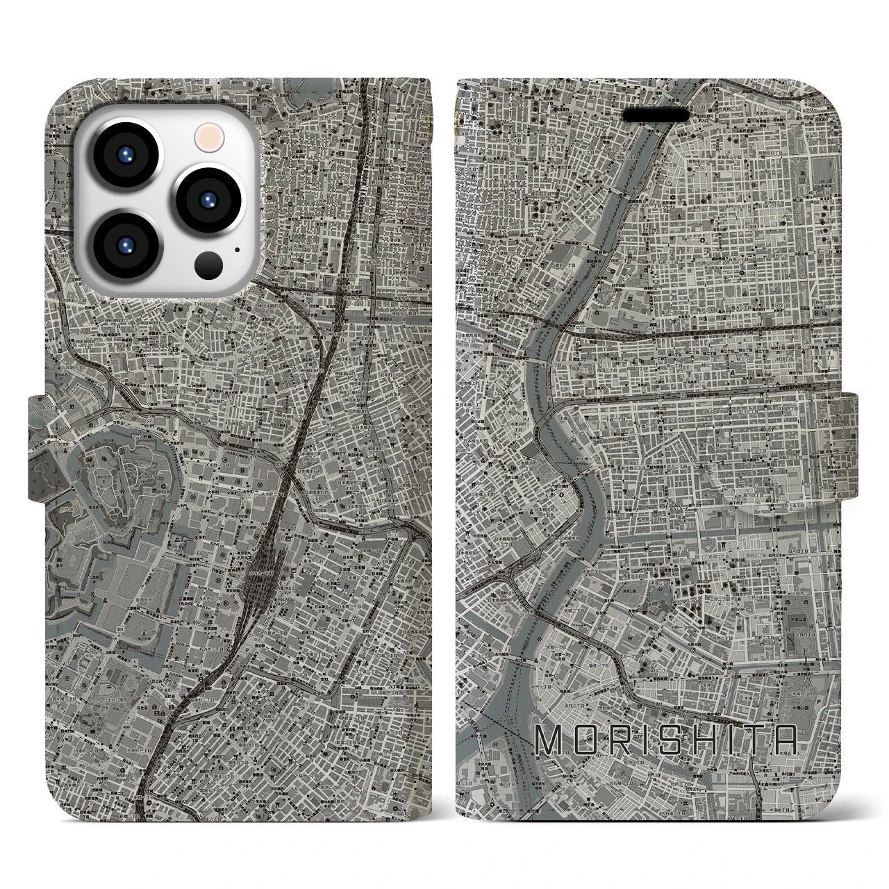 【森下(東京都)】地図柄iPhoneケース(手帳タイプ)モノトーン・iPhone 13 Pro 用