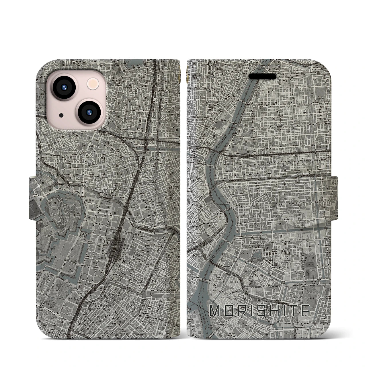 【森下(東京都)】地図柄iPhoneケース(手帳タイプ)モノトーン・iPhone 13 mini 用