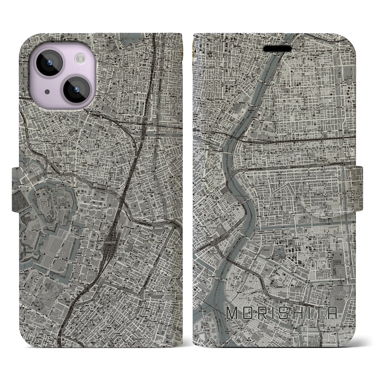 【森下(東京都)】地図柄iPhoneケース(手帳タイプ)モノトーン・iPhone 14 用