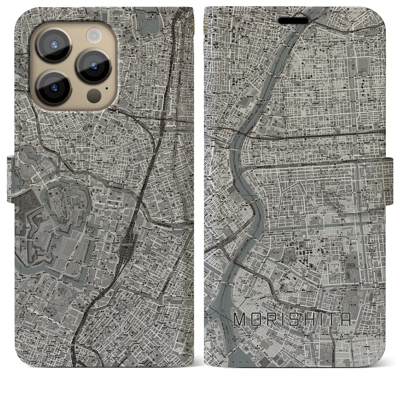 【森下(東京都)】地図柄iPhoneケース(手帳タイプ)モノトーン・iPhone 14 Pro Max 用
