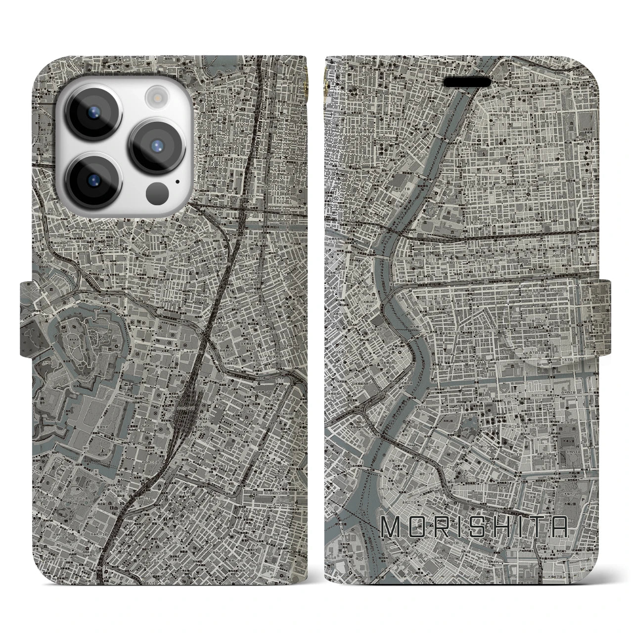 【森下(東京都)】地図柄iPhoneケース(手帳タイプ)モノトーン・iPhone 14 Pro 用