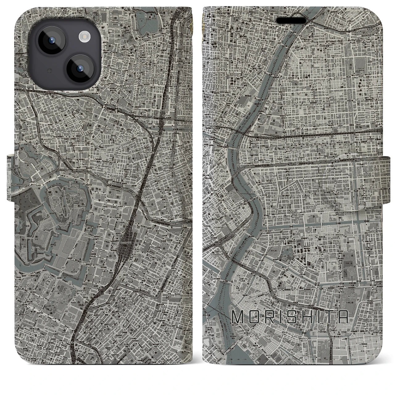 【森下(東京都)】地図柄iPhoneケース(手帳タイプ)モノトーン・iPhone 14 Plus 用