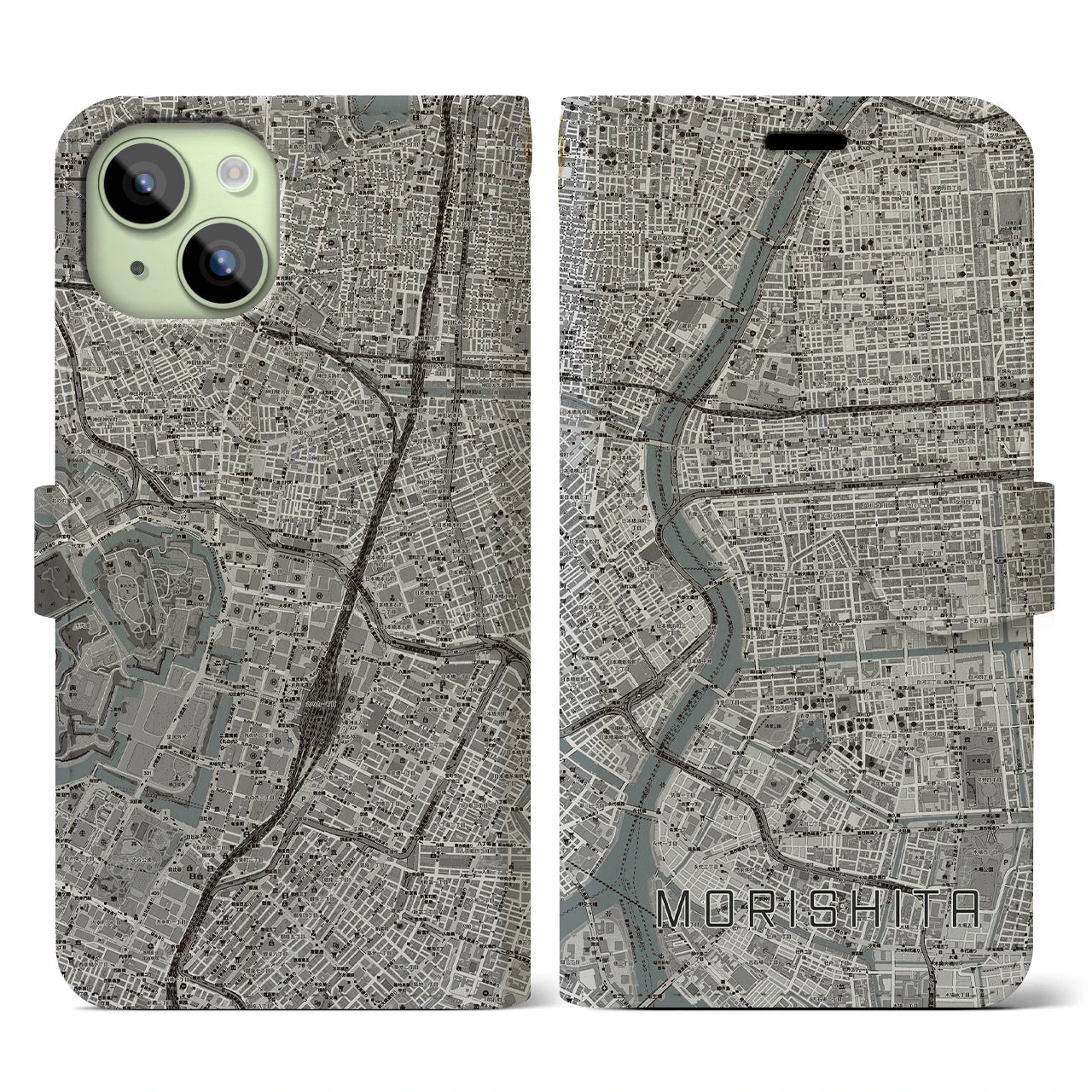 【森下(東京都)】地図柄iPhoneケース(手帳タイプ)モノトーン・iPhone 15 用