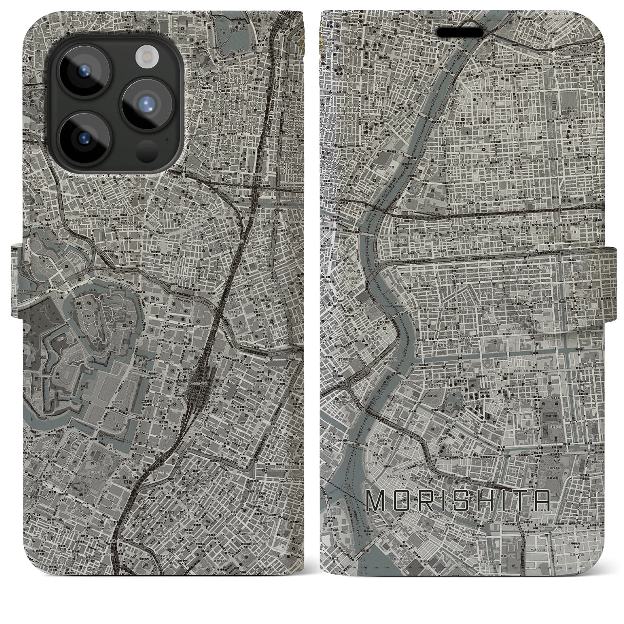 【森下(東京都)】地図柄iPhoneケース(手帳タイプ)モノトーン・iPhone 15 Pro Max 用