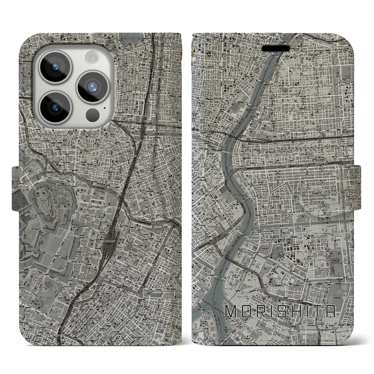 【森下(東京都)】地図柄iPhoneケース(手帳タイプ)モノトーン・iPhone 15 Pro 用