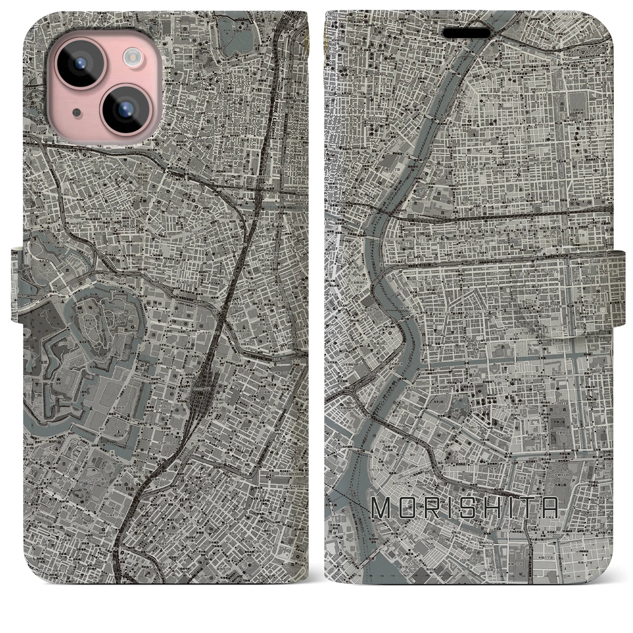 【森下(東京都)】地図柄iPhoneケース(手帳タイプ)モノトーン・iPhone 15 Plus 用