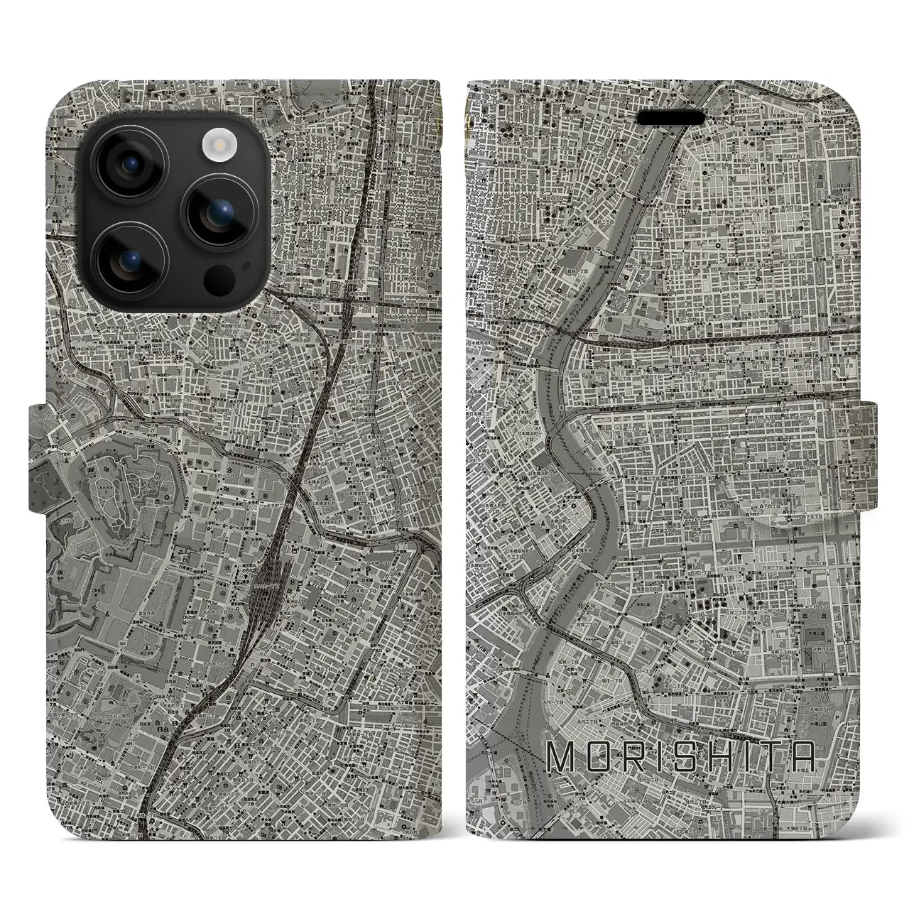 【森下(東京都)】地図柄iPhoneケース(手帳タイプ)モノトーン・iPhone 16 用