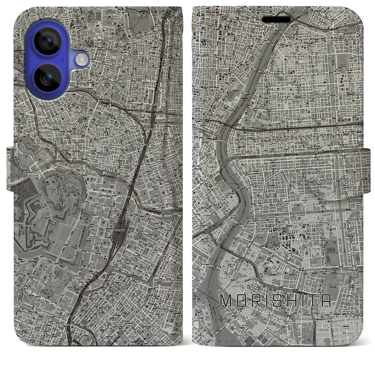 【森下(東京都)】地図柄iPhoneケース(手帳タイプ)モノトーン・iPhone 16 Pro Max 用