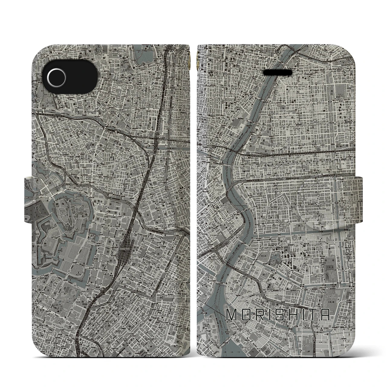 【森下(東京都)】地図柄iPhoneケース(手帳タイプ)モノトーン・iPhone SE(第3 / 第2世代) / 8 / 7 / 6s / 6 用