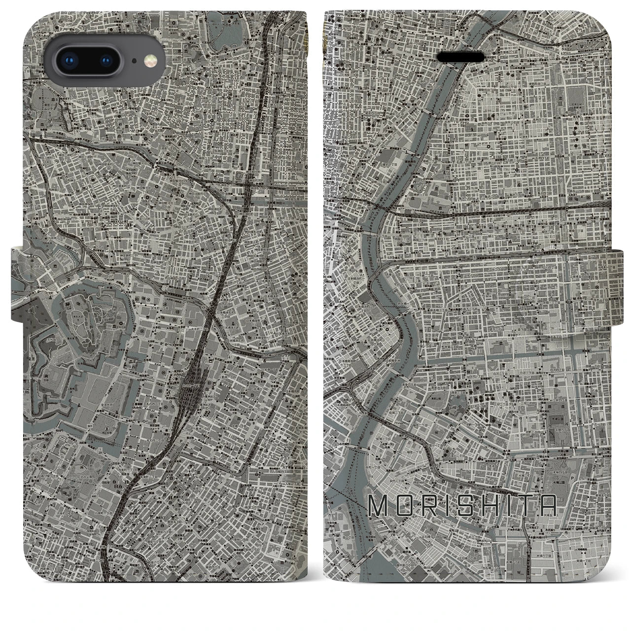 【森下(東京都)】地図柄iPhoneケース(手帳タイプ)モノトーン・iPhone 8Plus /7Plus / 6sPlus / 6Plus 用