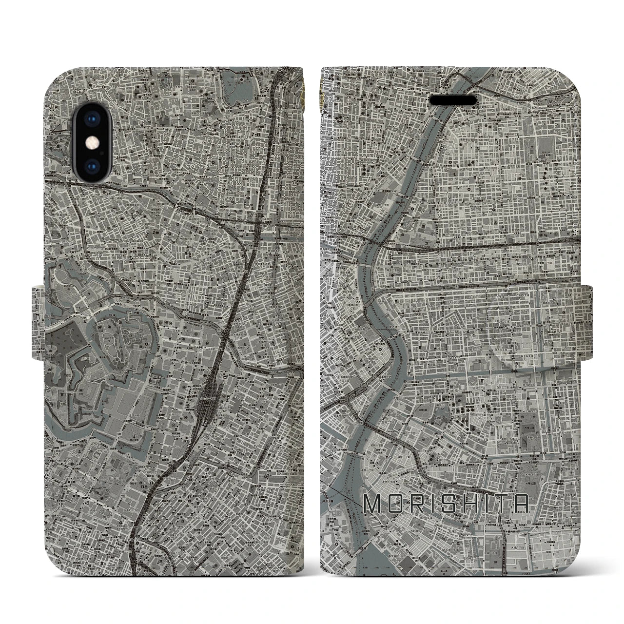 【森下(東京都)】地図柄iPhoneケース(手帳タイプ)モノトーン・iPhone XS / X 用