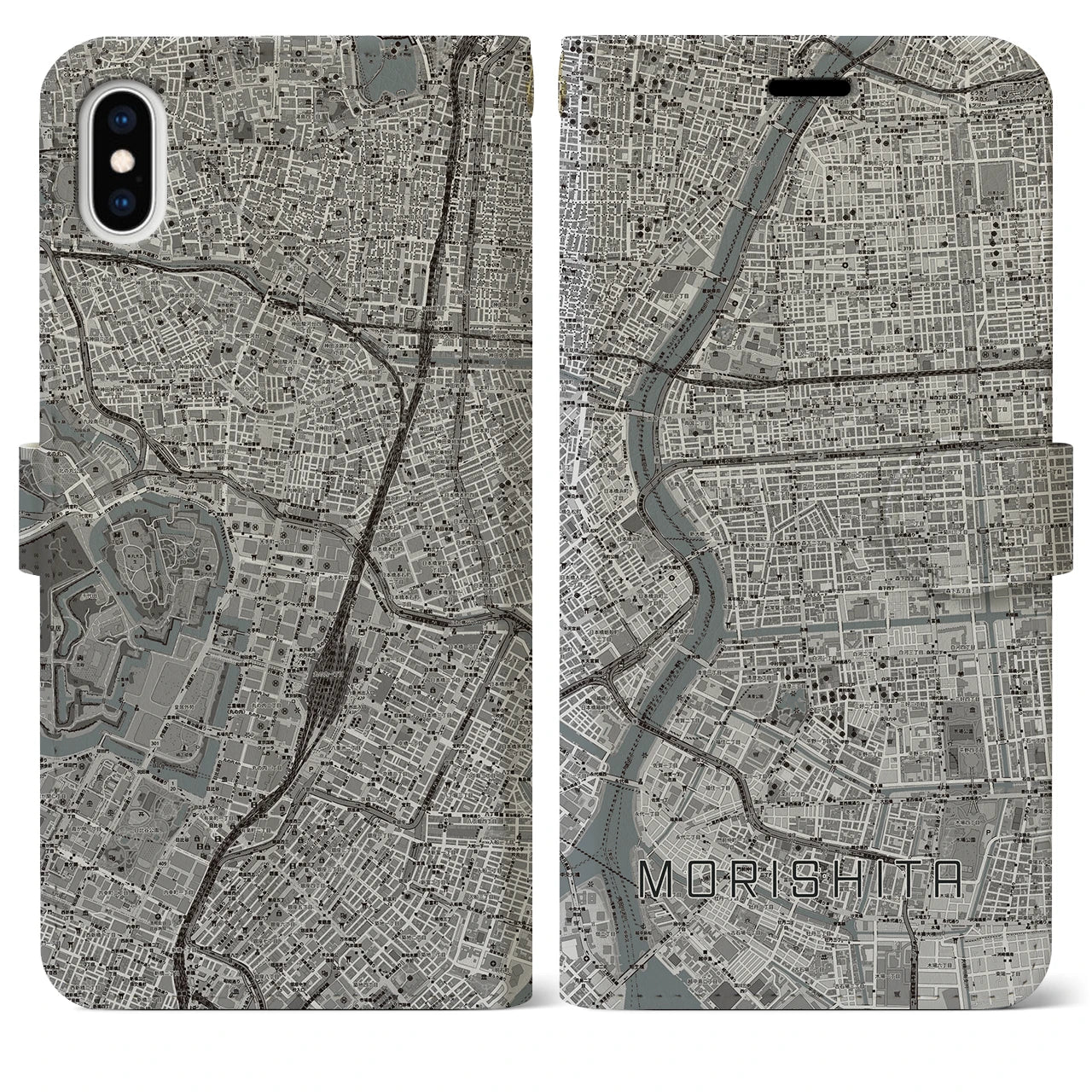 【森下(東京都)】地図柄iPhoneケース(手帳タイプ)モノトーン・iPhone XS Max 用