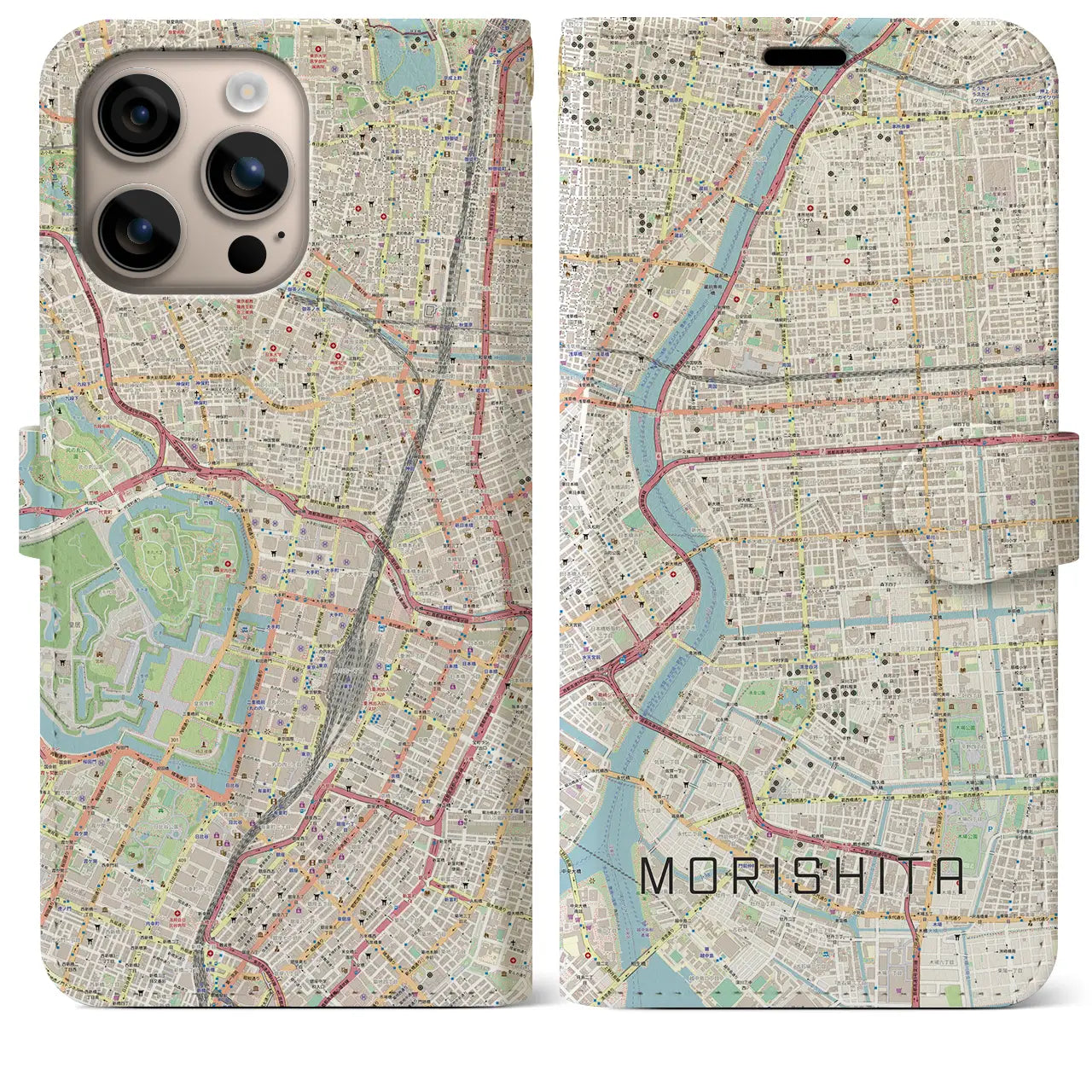 【森下(東京都)】地図柄iPhoneケース(手帳タイプ)ナチュラル・iPhone 16 Plus 用