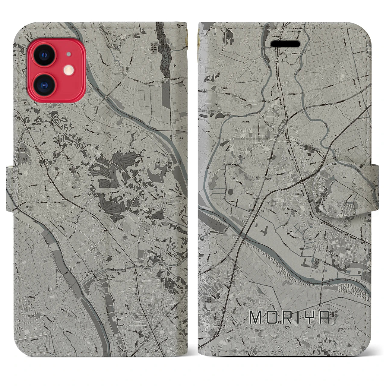 【守谷(茨城県)】地図柄iPhoneケース(手帳タイプ)モノトーン・iPhone 11 用