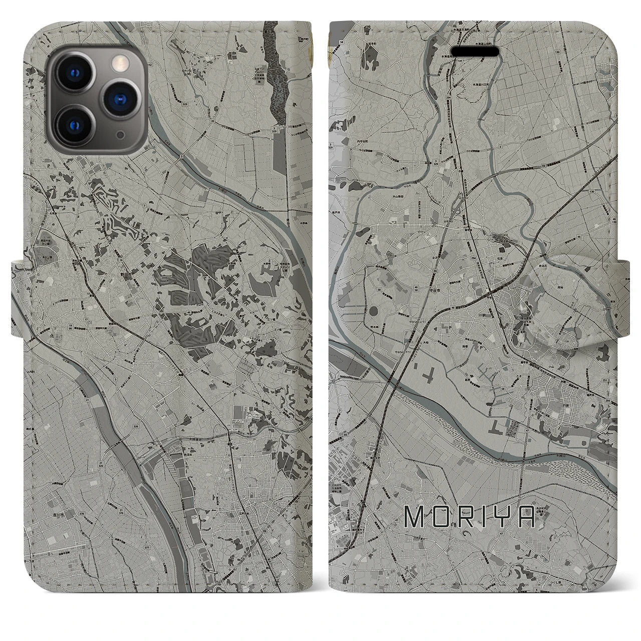 【守谷(茨城県)】地図柄iPhoneケース(手帳タイプ)モノトーン・iPhone 11 Pro Max 用