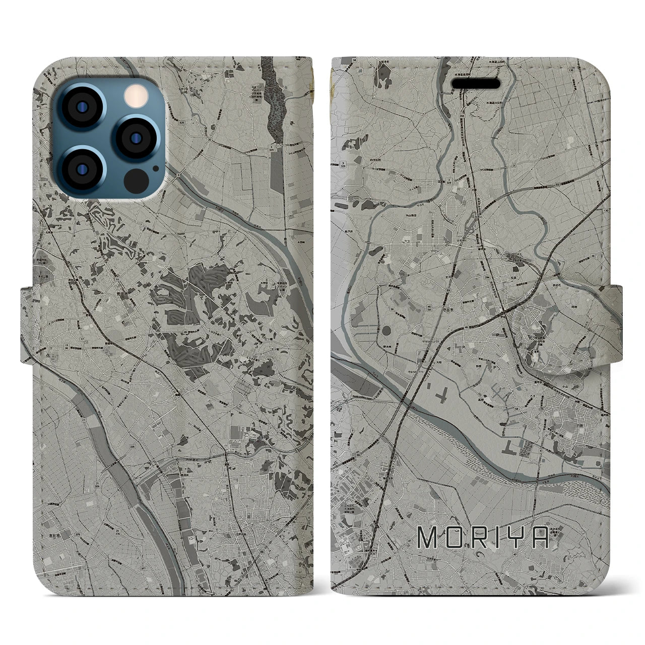 【守谷(茨城県)】地図柄iPhoneケース(手帳タイプ)モノトーン・iPhone 12 / 12 Pro 用