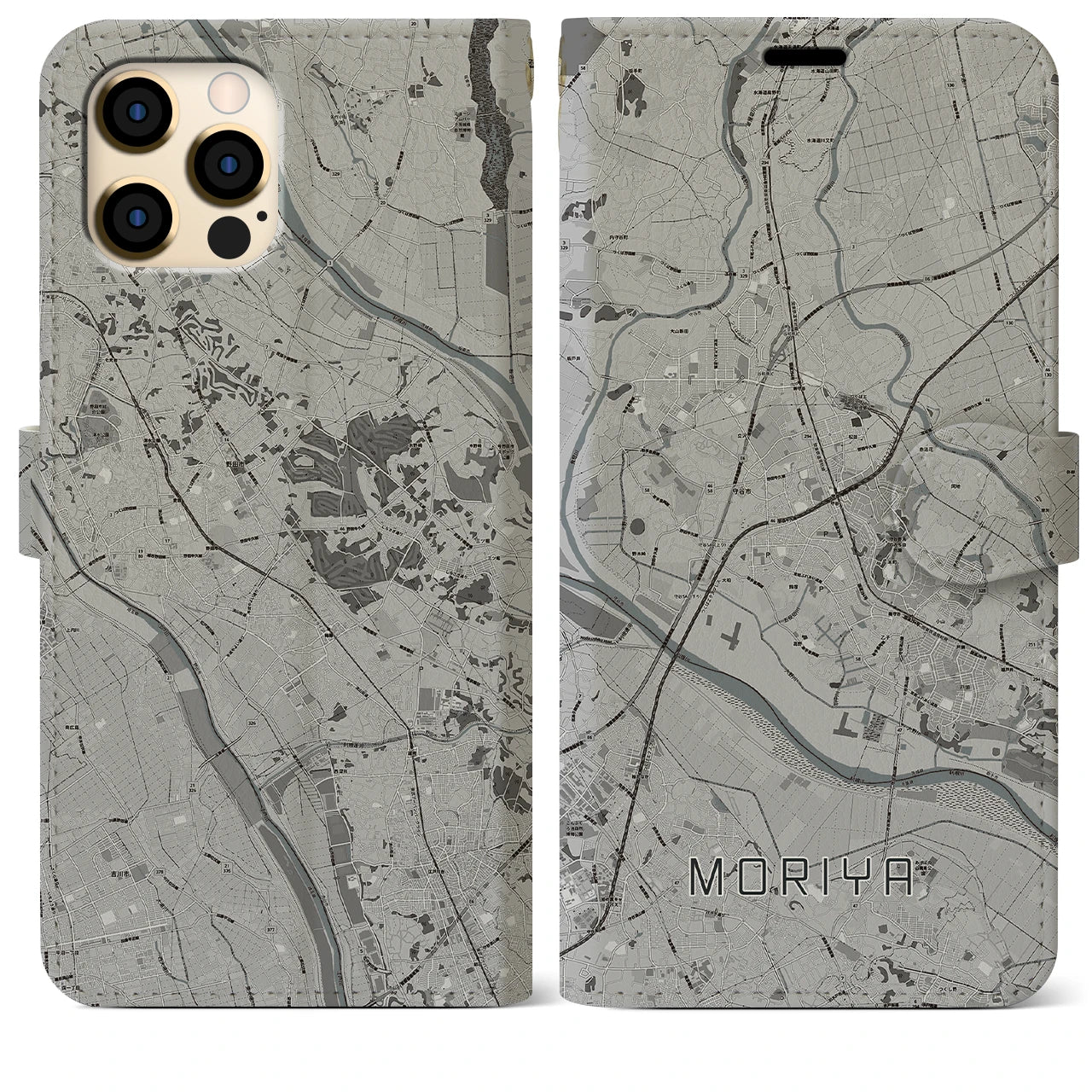 【守谷(茨城県)】地図柄iPhoneケース(手帳タイプ)モノトーン・iPhone 12 Pro Max 用
