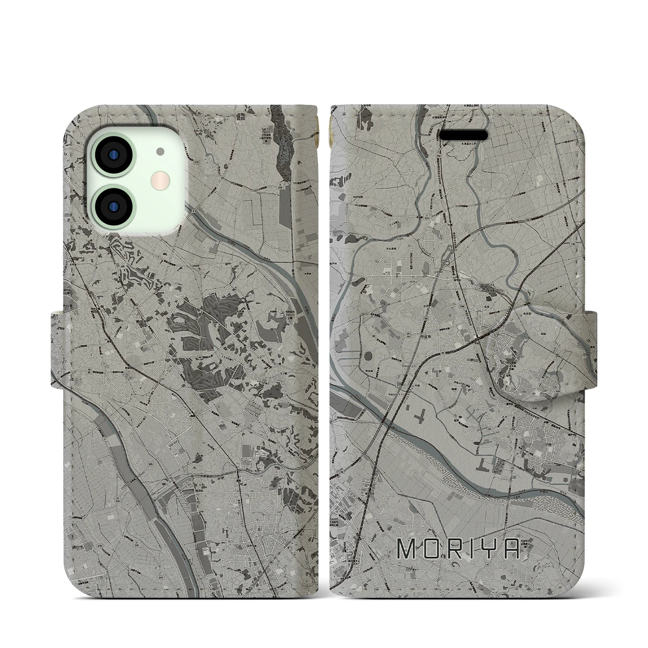 【守谷(茨城県)】地図柄iPhoneケース(手帳タイプ)モノトーン・iPhone 12 mini 用