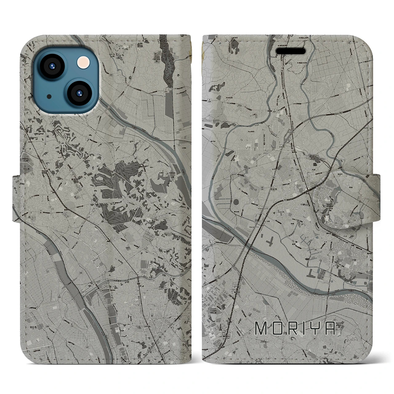 【守谷(茨城県)】地図柄iPhoneケース(手帳タイプ)モノトーン・iPhone 13 用